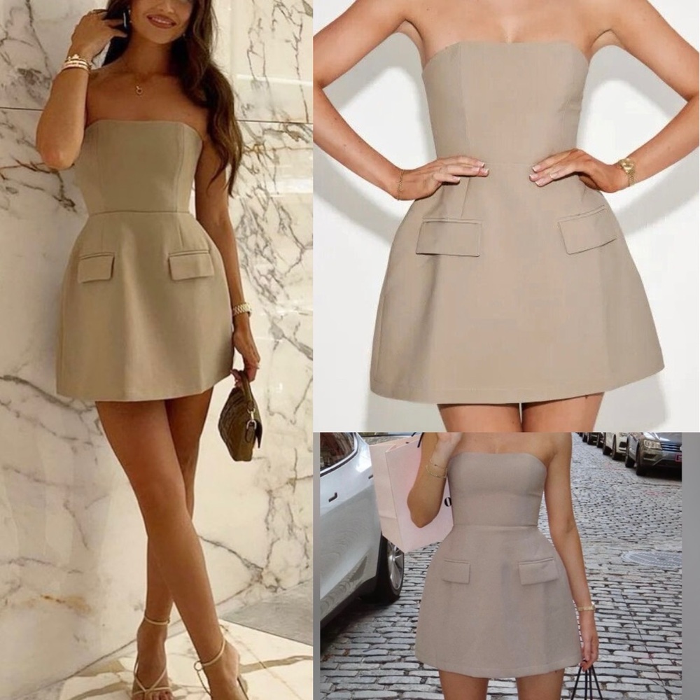 Premium fully lined thick Strapless pocket front structured beige mini dress